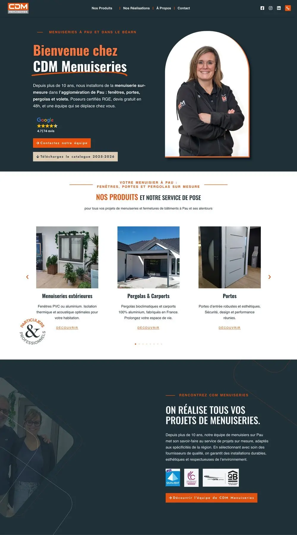 Page d'accueil du site CDM Menuiseries