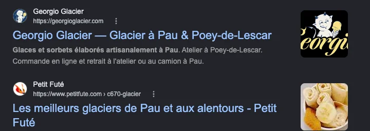 Recherche Google « glacier pau » : Georgio Glacier en premier résultat