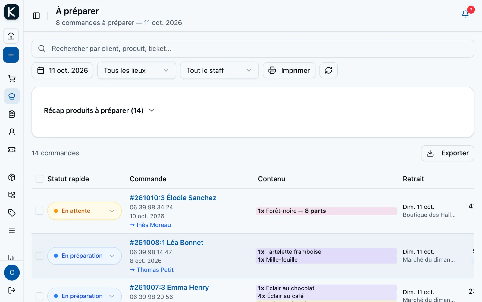 La liste des commandes à préparer du jour, sur tablette