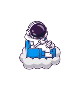Astronaute cartoon assis sur nuage avec valises