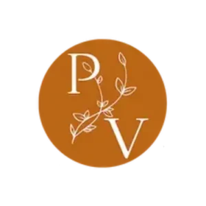Logo PV avec branchage doré sur fond marron