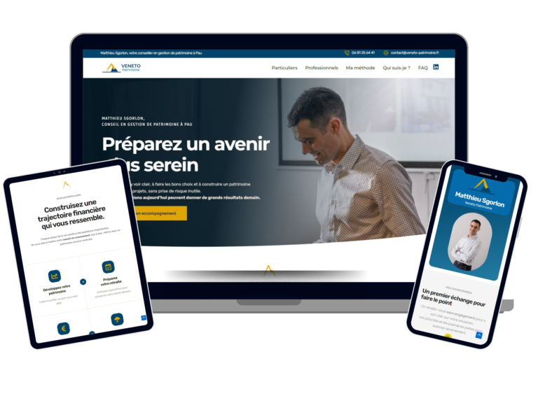 Site web WordPress pour Veneto Patrimoine, conseiller en gestion de patrimoine à Pau - version responsive avec photo professionnelle