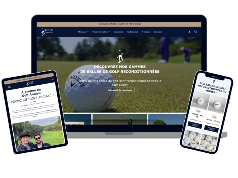 Site e-commerce WordPress WooCommerce pour Golf Anaiak, vente de balles de golf reconditionnées - version responsive