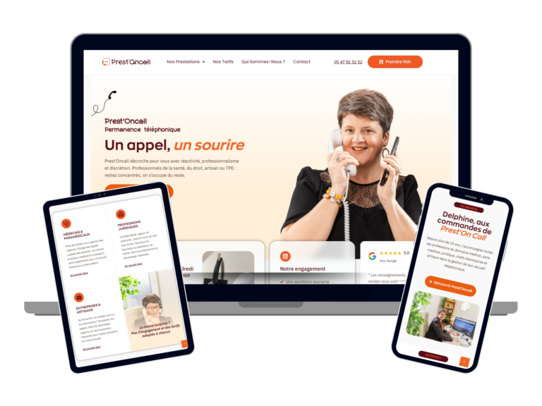 Site web WordPress pour Prest'Oncall, permanence téléphonique et secrétariat externalisé - version responsive avec photo professionnelle