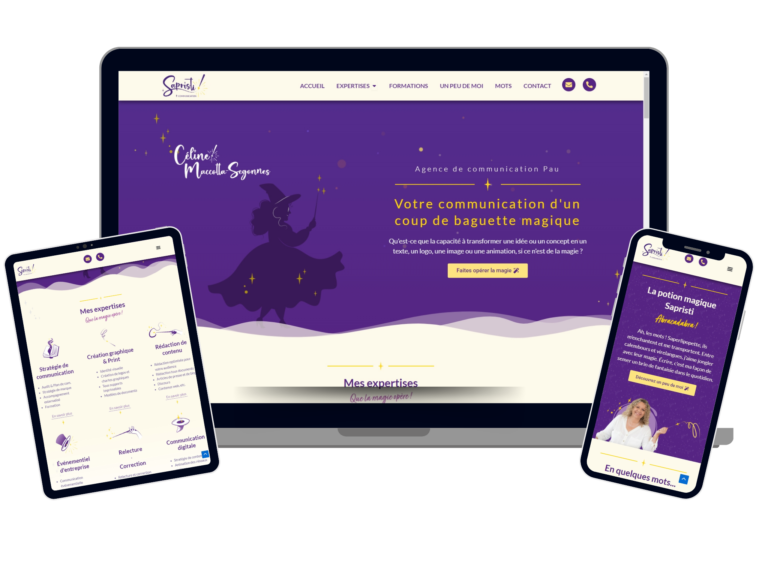 Site web WordPress pour Sapristi Communication, agence de communication à Pau - version responsive avec univers magique violet et doré