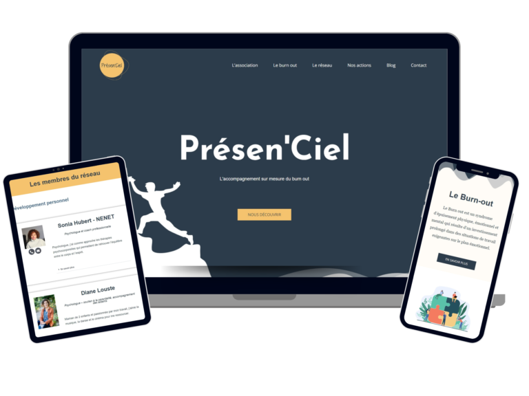 Site web WordPress pour Présen'Ciel, accompagnement burn-out - exemple de création responsive avec illustrations