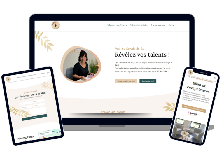 Site web WordPress pour Les Conseils de So, orientation scolaire et bilan de compétences à Pau - exemple de création responsive