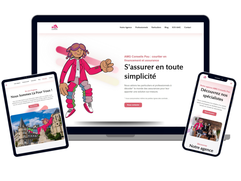 Site web WordPress pour AMG Conseils, courtier en assurance et financement à Pau - version responsive avec illustration personnalisée