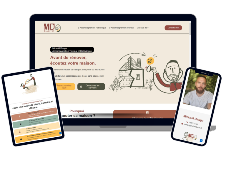 Site web WordPress pour MD Habitat, accompagnateur travaux et habitalogue spécialisé en rénovation - version responsive avec illustrations